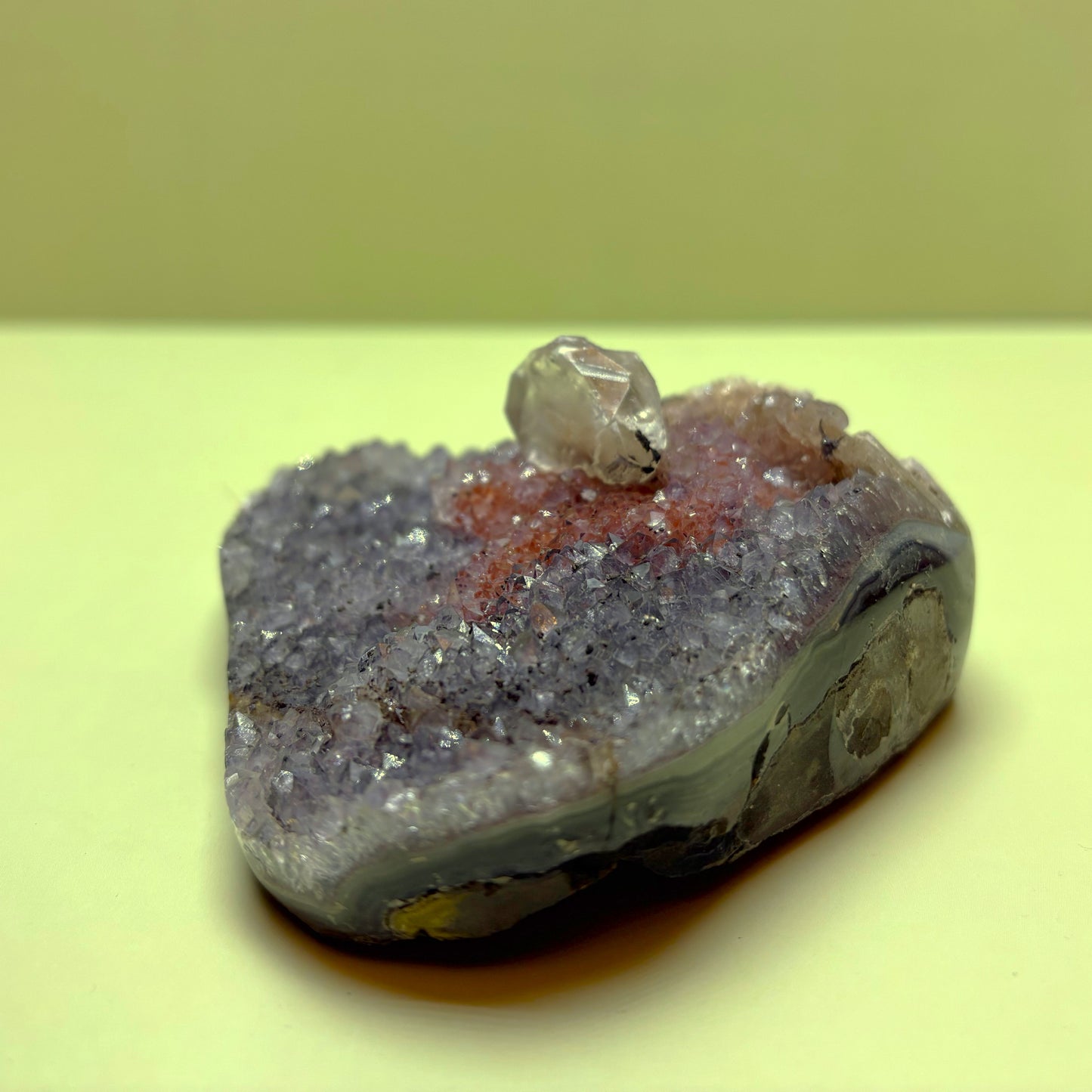 Grey Amethyst (Agate Banded) with Clear Calcite and Red Hematite | Uruguay | 266 g | 145 x 140 x 80 mm.