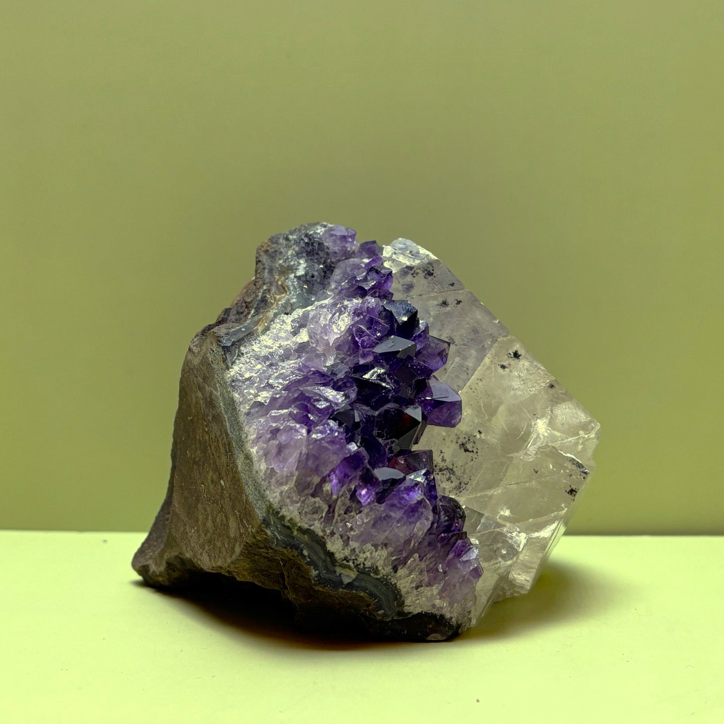 Rare Amethyst Cluster with Translucent Calcite Pyramid | Uruguay | 566 g | 75 x 105 x 110 mm.